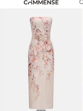 Commense Strapless Floral Midi Dress in Blush Pink and Peach